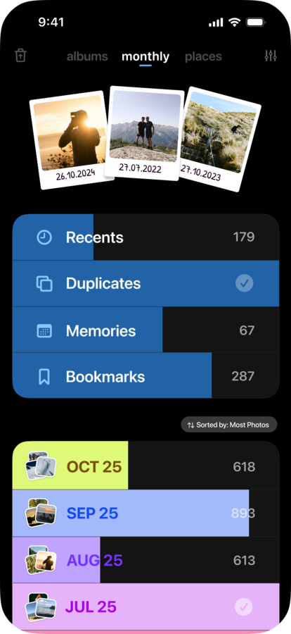 Odoa's monthly view showing Recents, Duplicates, Memories, and Bookmarks, with each month's photo count