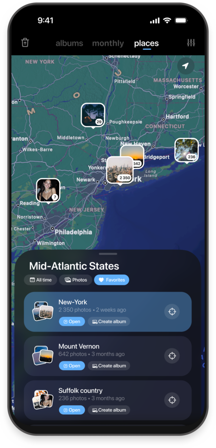 Odoa's Places tab showing photos clustered on a map by location, with photo counts per place