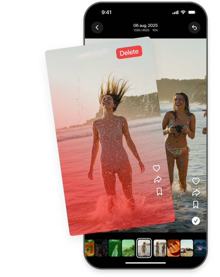 Odoa's swipe screen showing a beach photo marked to delete, with the next photo underneath